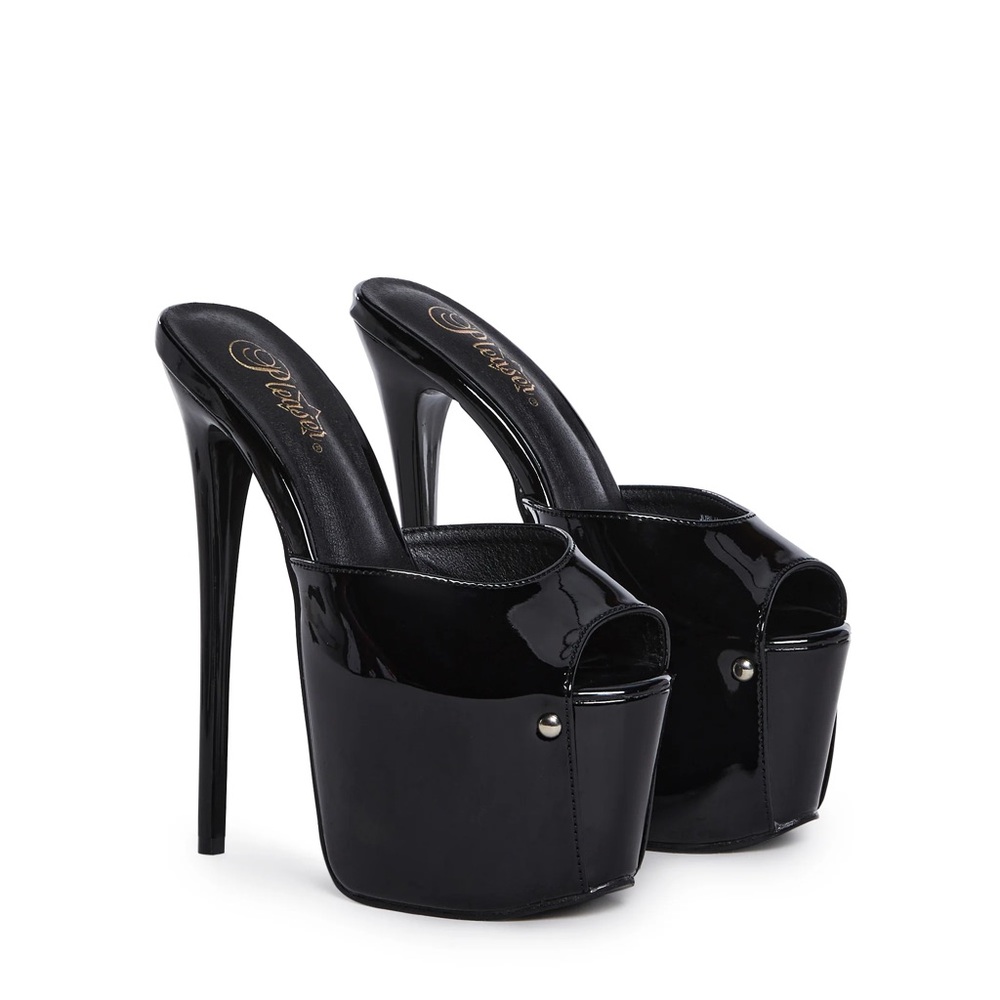 Pleaser 7 inch Black Platform Kitten Mules sz6 shiny PVC latex